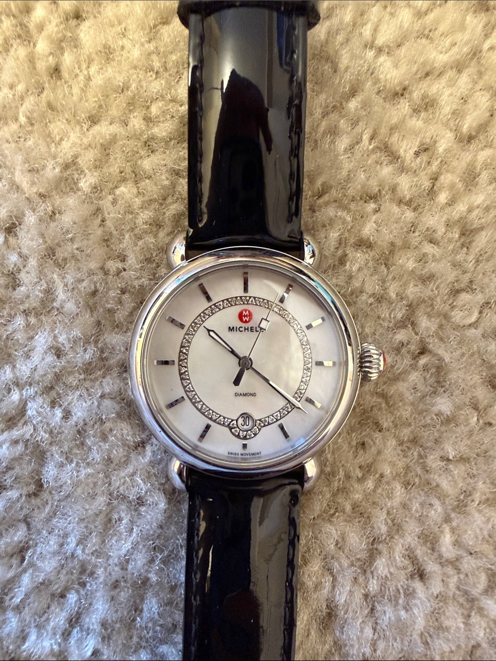 Michele Silver Case Watch with Black Patent Leather Strap